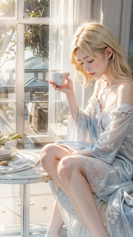 (masterpiece: 1.2, Portraiture, Highest quality), Realistic, (Live Action, Intricate details, Written boundary depth), Highest quality, masterpiece, Attention to detail, semi-Realistic, 朝にDrink coffee , shy, 2, Short blonde, blue eyes, blonde、 Slim figure、Shoulder Bare、Basking in the morning sun、Wearing a negligee and white panties, Morning light shines through the gap in the curtains, I only wear white underwear under my nightgown, Drink coffee