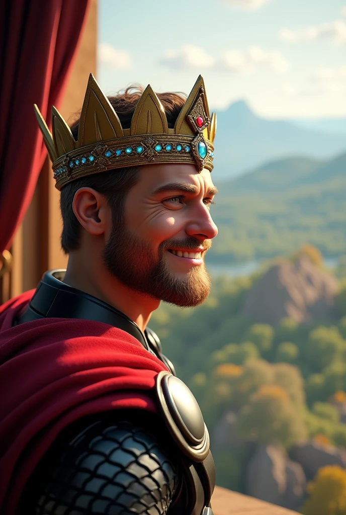 Thor, young and robust, with a splendid smile. looking through the window at his kingdom and with a crown of gold and gems. hyperrealistic