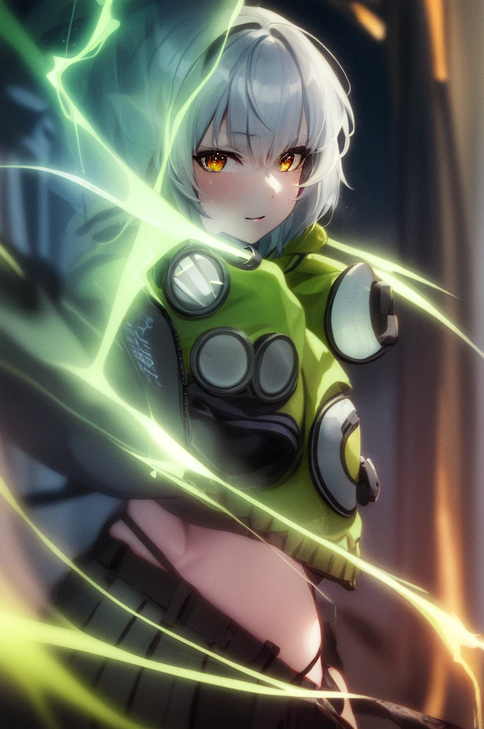 masterpiece,best quality,high resolution,8k,ultra HD,wallpaper,illustration,perfect face,cowboy shot,beautiful detailed eyes,extremely detailed face,perfect lighting,extremely detailed CG,perfect hands,perfect anatomy,perfect body,perfect hands,perfect fingers,1woman,full body,,(muscle fighter:1.1),white short hair,yellow eyes,(large breasts:1.3),(Medium ass:1.1),medium nipples,(light green jacket:1.3),black skirt,clothed,,collarbone,,looking at viewer,(sexy look pose:1.3),Steam,sweat,richhome,(Zenless Zone Zero character Anby Demara),