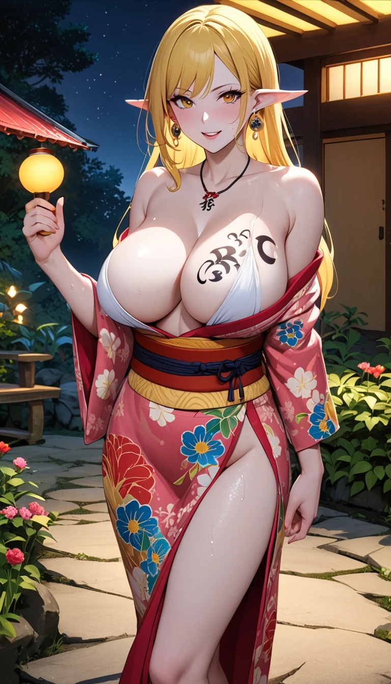 
solo, long hair, breasts, looking at viewer, bangs, big breasts:1.9.9, hair ornament, cleavage, full body, clip on hair, laughter ,parted lips, japanese clothes, kimono, mole, mole under eye ,curve body,milf,motherly,mature female,night sky ,standing ,cross hand holding kimono,untied kimono, cowboy shot,kimono off the shoulder,oil skin, Milky white skin, ,wet hair, mercenary pose,face on front,big round breasts. slightly , slim body, sexy body, white skin,  loose kimono ,face on camera , erotic pose,in a garden,boa hancock one piece, yellow hair,elf ears, earrings,thicc women,face on camera , body on front,standing straight , leaning toward front,i can see breast,white foam on breast,sweat, steam coming from body,blacked tattoo all over body,tattoos on chest,neck,hand, cleavage, breast,(ace of space) tattoo,(i love bbc) tattoo written over body,naked, necklace tugged in cleavage between breast,