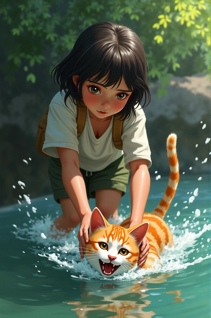 A girl is saving a cat drowning in water