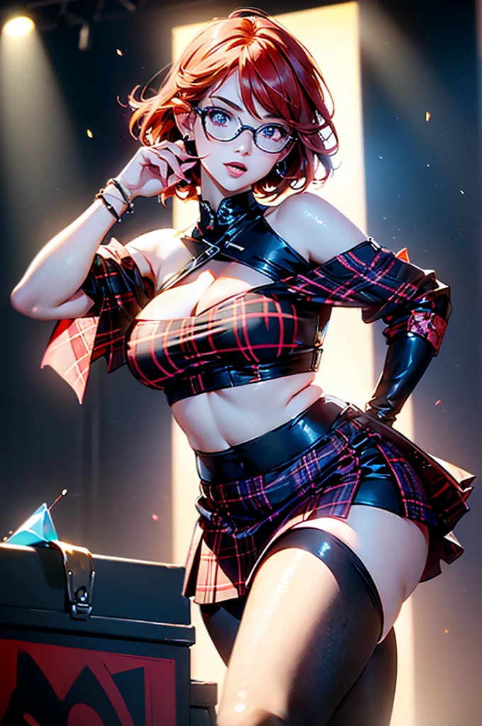 (large breasts 1.4), beautiful elf woman, ((Short Red Hair: 1.6, straight with shine)), bright blue eyes, bright eyes, double eyelids, light effect on eyes, detailed irises, sexy curvy body, ((white off the shoulder top, black and red plaid mini skirt, black high heels)), ((work of art, hyper-realistic, hyper detailed, Best quality, 16k, light and shadow on skin, vivid colors), eyeliner, Thin eyebrows, Sensual expression, perfect pouty lips, innocent and sexy mature face, ((skin with light and shadow) flirting with the viewer, lots of freckles, full lips, lips parted, extreme blush, smile, dancing sexy on stage in dance club, fingertip resting on lower lip, late at night, rays of light, masterpiece, wearing glasses