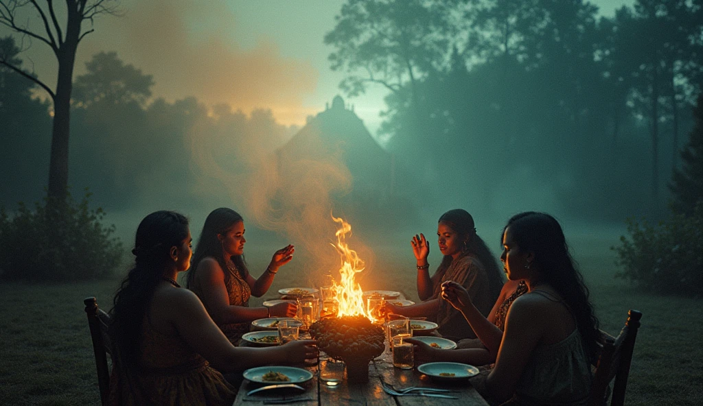 A montage blending different possible fates of the Roanoke settlers. On one side, an image of settlers peacefully integrating with the Croatan tribe, sharing a communal meal around a fire. On the other side, a darker, more ominous scene showing an abandoned settlement overtaken by nature, with ghostly shadows and mysterious symbols. Above these, a swirling, ethereal mist suggests the unknown, representing the wildest theories and the enduring mystery. The whole scene is bathed in a soft, twilight glow, evoking a sense of both wonder and unease