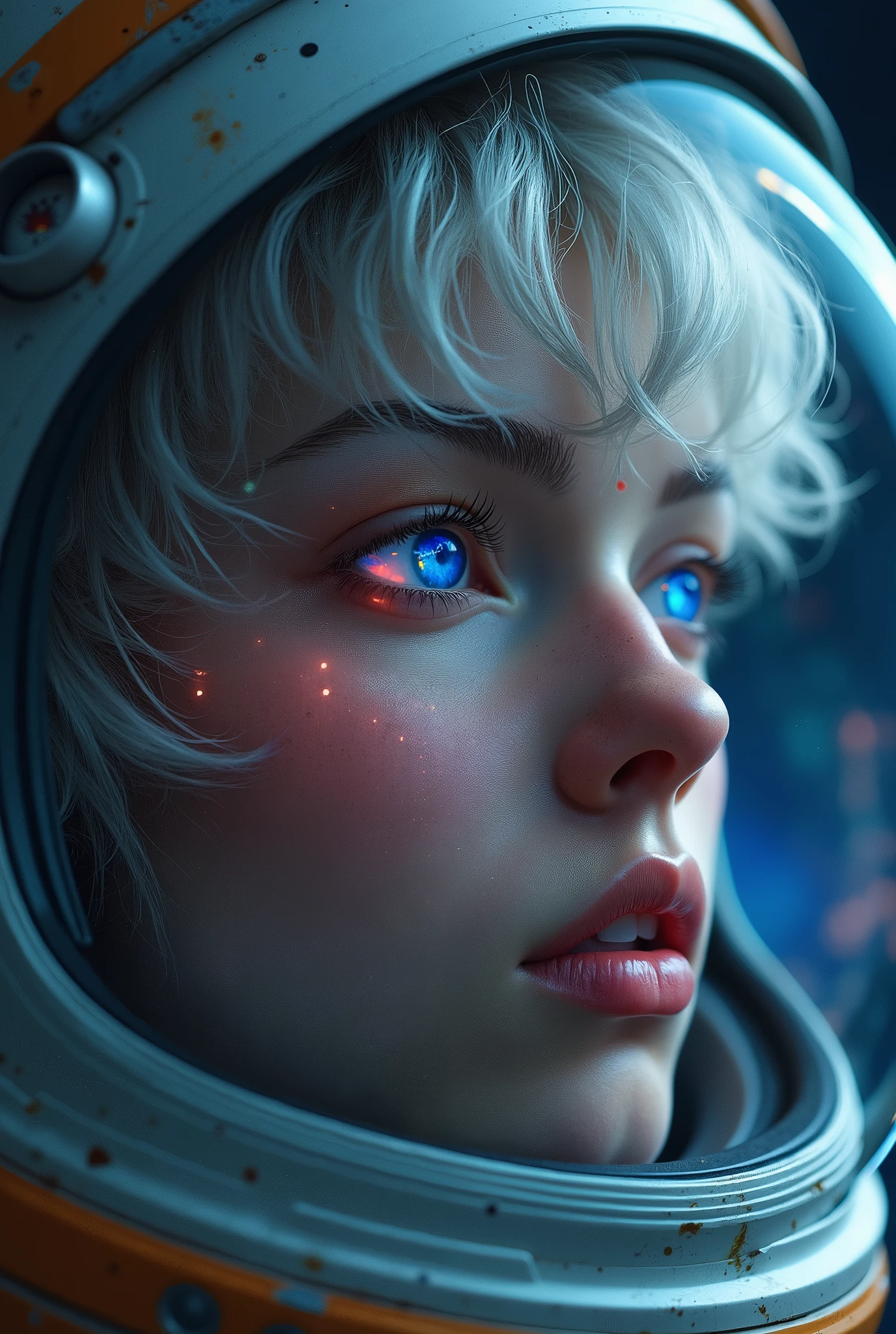 (Close-up of a better masterpiece:1.5)0.9], (Space and astronauts:1.2) (Messy silver hair:1.1) (Heterochromia xanthochromia and blue eyes:1.2) (Space Helmet:1.0) (Colored stars in the eyes:1.0) (A radiant glow:1.1) (thick lips:0.9)