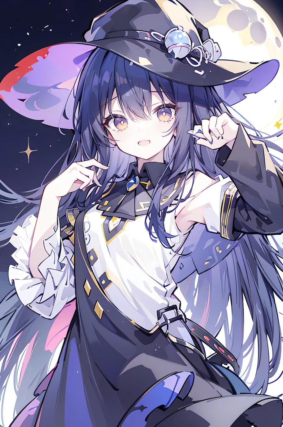 oung Girls,Humanity,A magician always smiles,big witch hat,cute,dark blue long hair,The eyes are dull,The bangs are heavy,Thin eyebrows,fantasy,intake,Double teeth,Star Theme,Constellation pattern,Solid color clothetal decoration,cloak,A bit of a dark atmosphere,A little crazy smile,When the big moon shines outside at night,blood,Hair black star embellishment,Short tie,No nails,High waist skirt,Bell sleeves,Long-sleeved shirt,Black tie,low risk,gentlemen。Mist、Yellow and white effect，Shocking pink as an accent color,Lie on the ground.