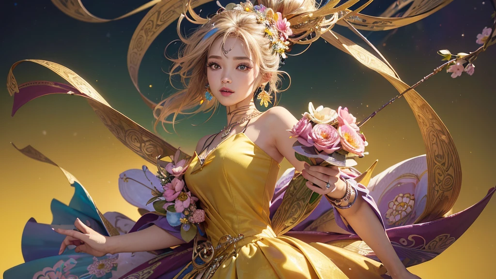 32K, 最高quality, 最高masterpiece, (ultra-Detailed Background, Detailed Background), High resolution, Super detailed, Very detailedな, 1 personの, (bouquet:1.3), (Tangled:1.2), (Geometric:1.2),(colorful),(masterpiece, quality, best quality, Official Art, Beautiful and beautiful:1.2), (1 person:1.3), Very detailed,(colorful:1.1)(Flowers:1.3),Most detailed,(Tangled:1.2), whole body, (Abstract background:1.3), (Skin glows), (Many colors:1.4), ,(Earrings Jewelry:1.5), Yellow background, It's imaginative., Milk tea colored hair, Updo,