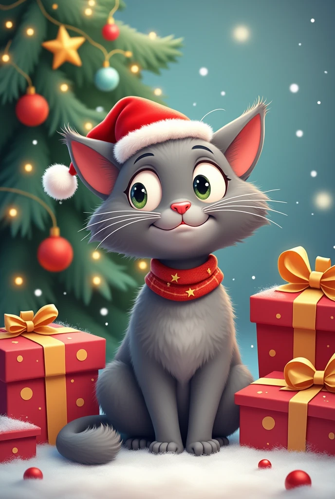 Christmas grey cat , cartoon 