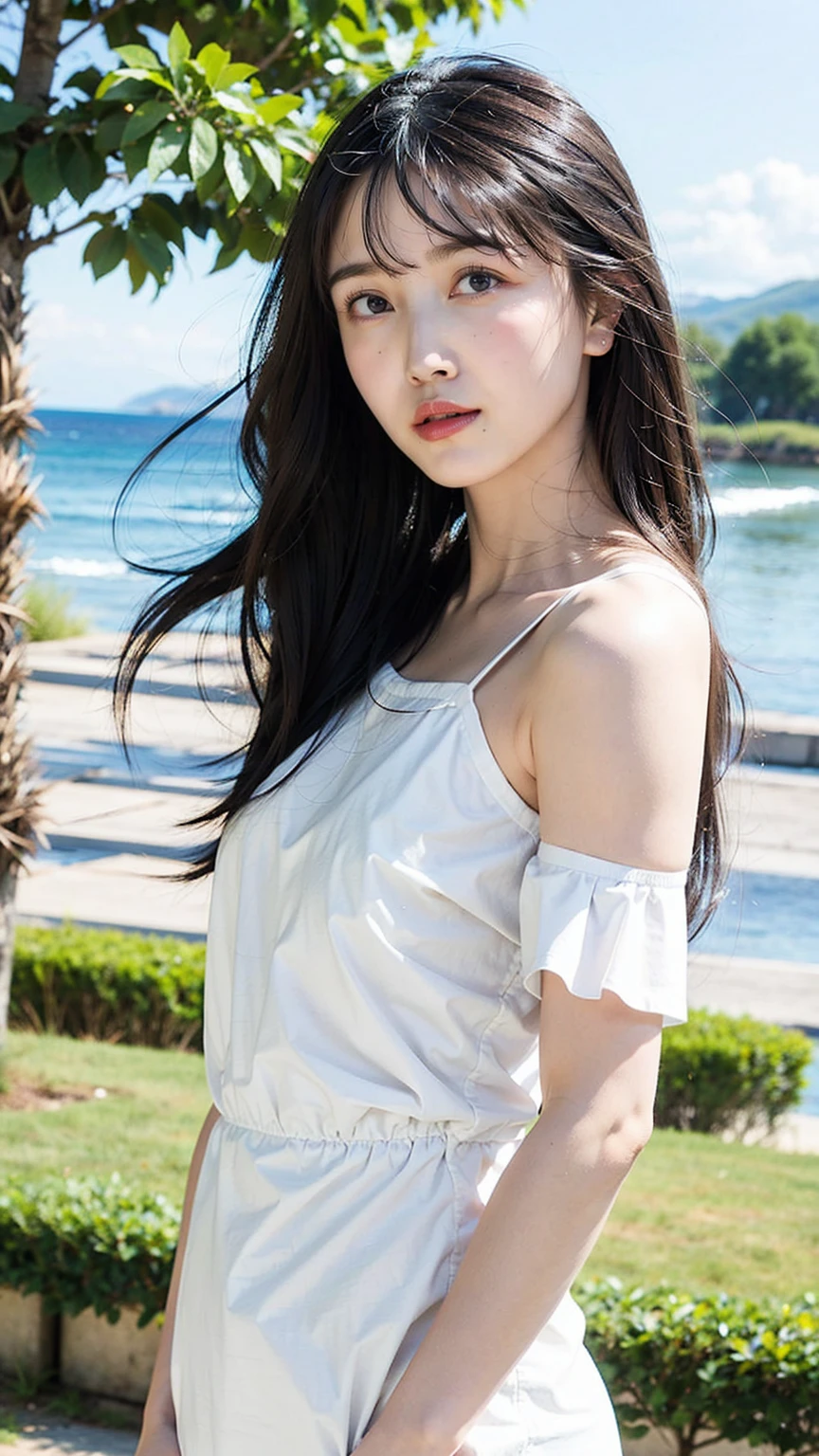 (Raw photo, Best Quality), (Realistic, Photorealsitic:1.3), masutepiece, Extremely delicate and beautiful, Soft light, (Brown hair, Shoulder-length straight hair swaying in the wind), Beautiful detailed girl, (Detailed fingers), extremely detailed eye and face, beautiful detailed nose, Beautiful detailed eyes, 1 girl, Japanese, Neat and clean beauty, Cute, young, dress shirts, Pants, (Half body:1.3), (medium breasts), Realistic face, Realistic body,