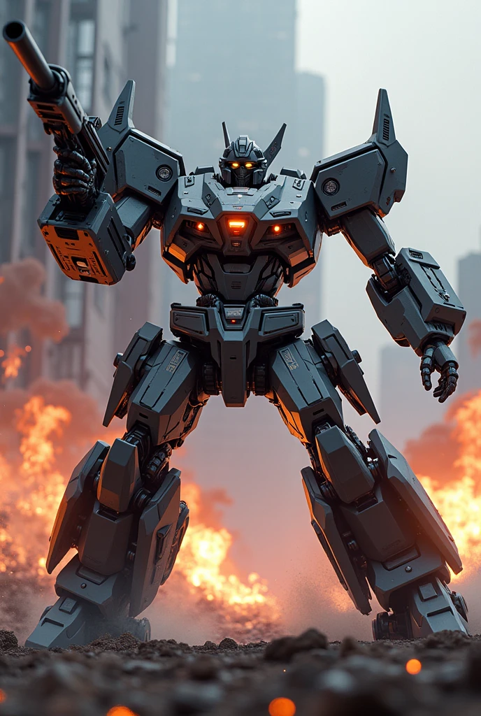 ((Highest quality)), ((masterpiece)), (detailed), robot、coolポーズ、gun、beam、Deathblow、effect、explosion、Highest quality、car、Transform、cool