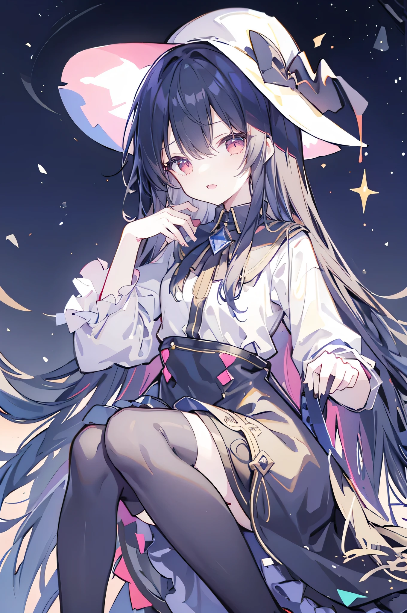 oung Girls,Humanity,A magician always smiles,big witch hat,cute,dark blue long hair,The eyes are dull,The bangs are heavy,Thin eyebrows,fantasy,intake,Double teeth,Star Theme,Constellation pattern,Solid color clothetal decoration,cloak,A bit of a dark atmosphere,A little crazy smile,When the big moon shines outside at night,blood,Hair black star embellishment,Short tie,No nails,High waist skirt,Bell sleeves,Long-sleeved shirt,Black tie,low risk,gentlemen。Mist、Yellow and white effect,Shocking pink as an accent color,Lie on the ground.