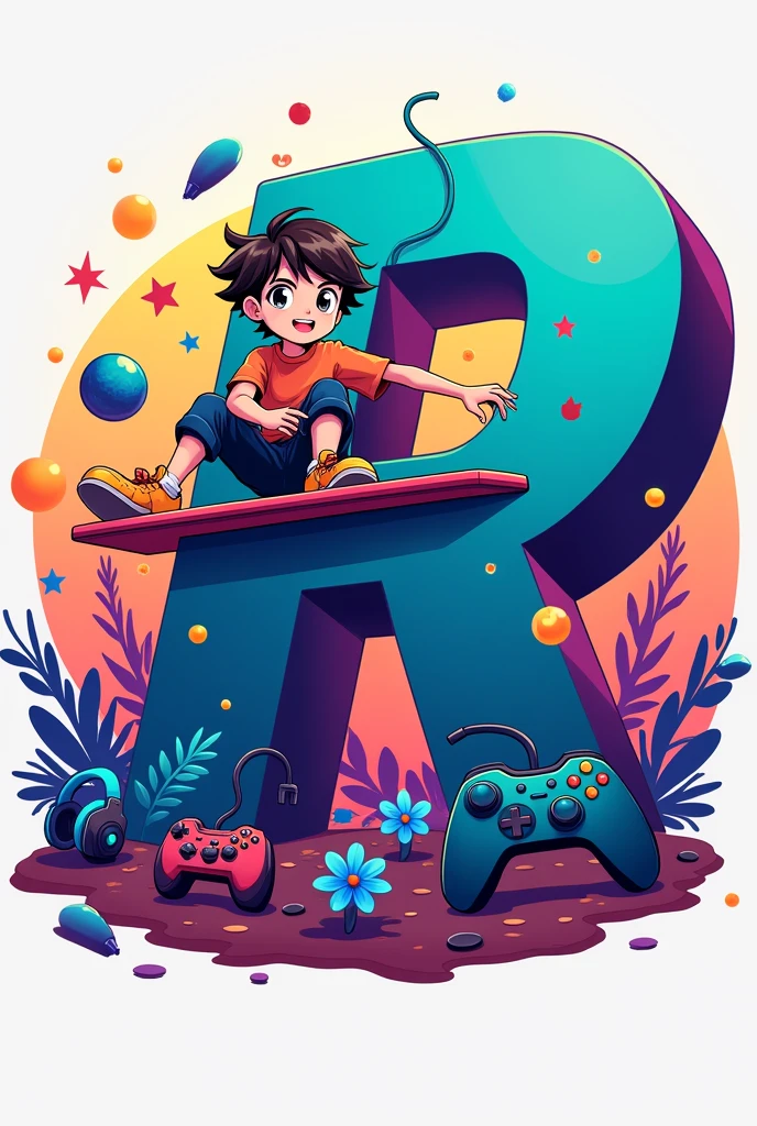 Create a logo of a little male anime sliding on a big R letter and add something gaming gadgets