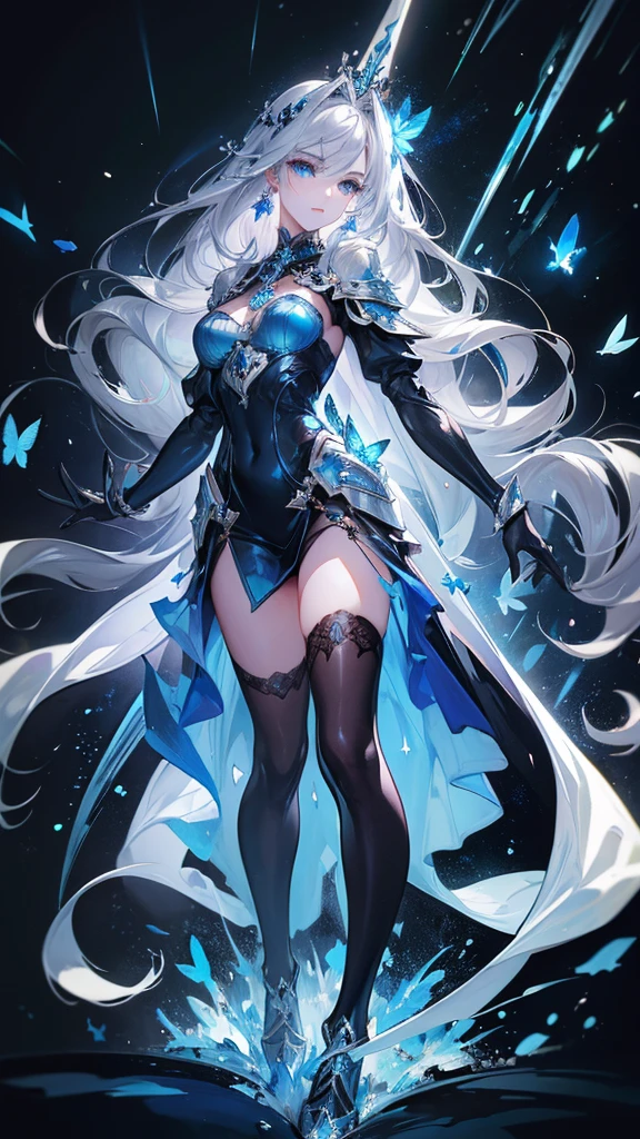 ((masterpiece, Highest quality)), Detailed face,Holy Knight,Character portrait,whole body,Perfect Body Proportions,Long legs,((Long Wavy Hair)), ,Beautiful Eyes,Fantasy Style,Black background,Very beautiful,,Expose,,Silver Hair,Blue Eyes,((Sparkling Eyes)),,Blue Gemstone Brooch,White and blue armor,A blue butterfly dances in the night sky,Black Stockings,Gorgeous Long Sword,Ready your sword