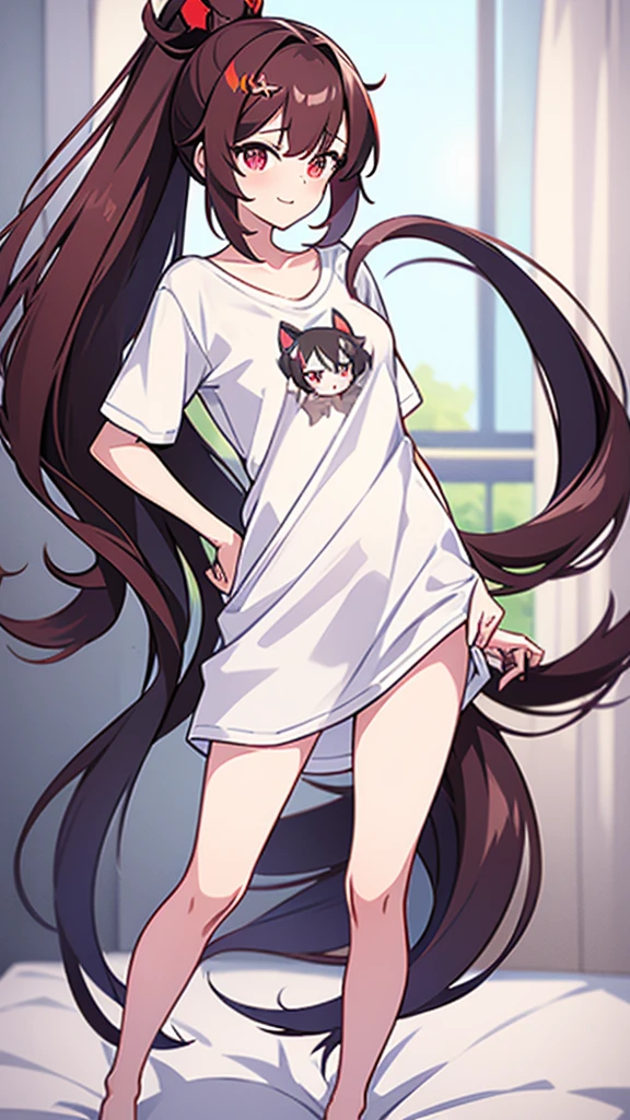 High tail hairstyle, two Ponytail hairstyle, Ponytail hairstyle, Long wavy black hair, standing posando, anime girl style, pixel art anime style,penetrating look with deep eyes,red and purple eyes, hair with a ponytail hairstyle trapped with a big red bun, women, red hair clips, x color shaped hair clips , smiling face blush, next to his bed, Black hair, thighs grandes, NSFW, from below, neckline, looking at the viewer, lascivious smile, ((oversized t-shirt)), off the shoulders, without pants, washing machines, thighs, ((White T-shirt)), standing, hands on the hips,