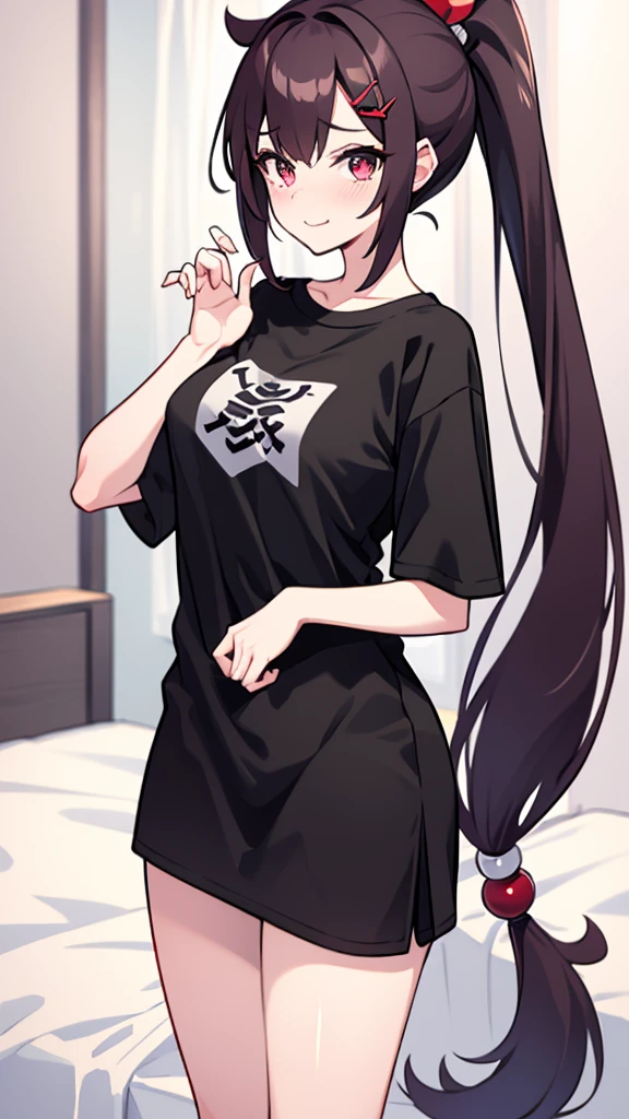 High tail hairstyle, two Ponytail hairstyle, Ponytail hairstyle, Long wavy black hair, standing posando, anime girl style, pixel art anime style,penetrating look with deep eyes,red and purple eyes, hair with a ponytail hairstyle trapped with a big red bun, women, red hair clips, x color shaped hair clips , smiling face blush, next to his bed, Black hair, thighs grandes, NSFW, from below, neckline, looking at the viewer, lascivious smile, ((oversized t-shirt)), off the shoulders, without pants, washing machines, thighs, ((White T-shirt)), standing, hands on the hips,