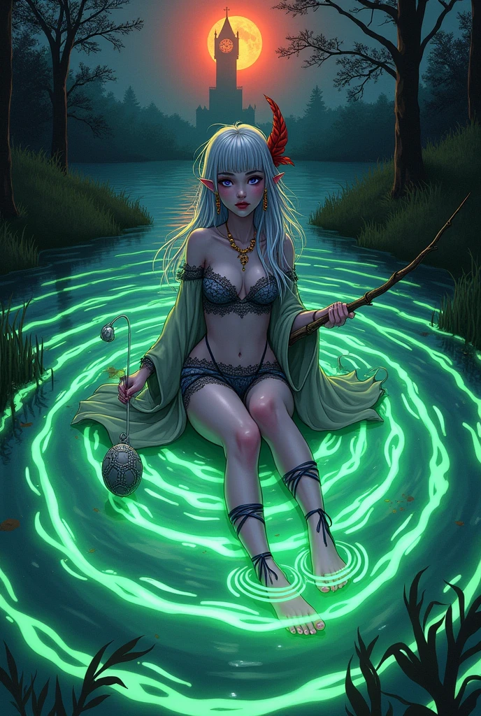 (Ultra-detailed face, looking away, Fantasy Illustration with Gothic, Ukiyo-e, Comic Art, Rich colors),
BREAK
(A female dark elf sorceress floats in the center of concentric glowing ripples painted on the surface of a green, miasma-infested swamp, holding a small willow branch fishing rod and casting a line into the swamp.),
BREAK
(This is a swamp where the surface of the water glows green in the midnight phosphorus light, waterweeds grow in the area, and the silhouette of a clock tower can be seen in the distance, illuminated by the red moon.),
BREAK
(DarkElves: A young-aged female dark elf wizard has long, messy silver hair, blunt bangs, dark purple skin, and lavender eyes.),
BREAK
(DarkElves: A female dark elf sorceress wears a red bird's feather hair ornament and earrings, and a short, lacy gray linen robe. She wears ribbons around the ankles of her bare feet.)