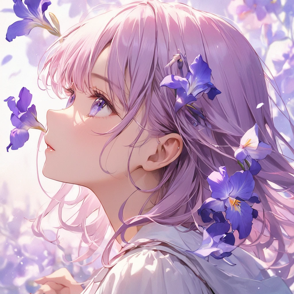 highest quality, masterpiece, surreal), Portrait of a beautiful and delicate profile girl, Playful and cute, Petals are floating in the background,Beautiful iris flowers,
