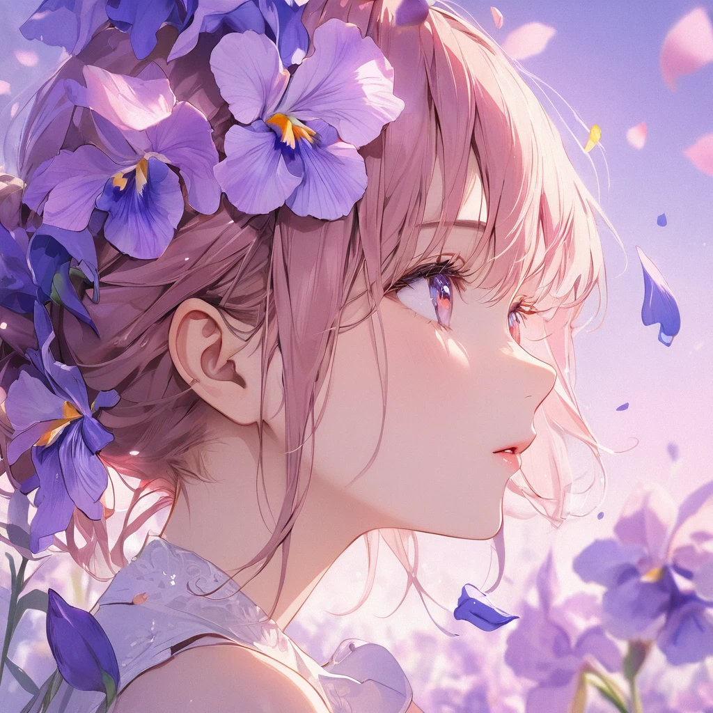 highest quality, masterpiece, surreal), Portrait of a beautiful and delicate profile girl, Playful and cute, Petals are floating in the background,Beautiful iris flowers,