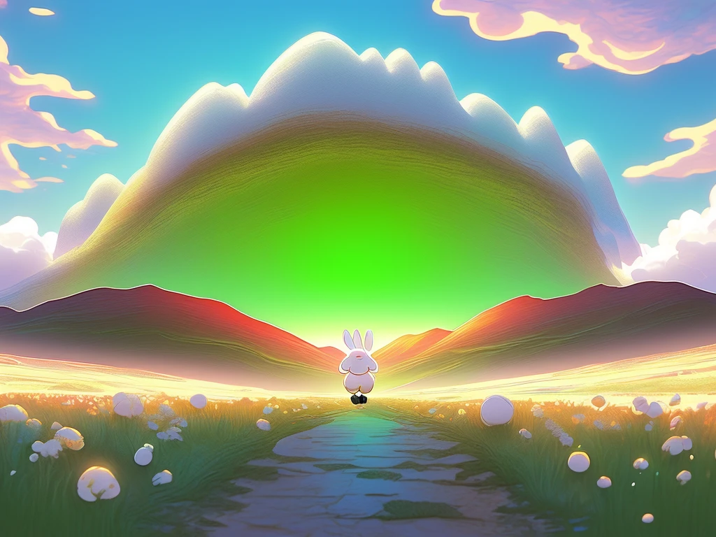 ((masterpiece)), ((Highest quality)), ((Realistic feel)), ((landscape:1.6)), ((A woolen path leading to the blue sky, Light color)), (Egg-sized angel, a small fluffy Pokémon resembling a whimsicott, with a cloud-like body. It features large, bright eyes and white ((Marshmallow-like bunny ears)), The overall color palette is soft with shades of white and Sky blue, ((lower body is covered by fluffy white clouds)), creating a whimsical, cute appearance. The background is a serene, nature-inspired setting, highlighting its playful and gentle personality), Pastel Color Spectrum,Tilt Up, Immersion, The sky is high, The sky is wide, The background is fresh green, Cool green shades, The sun shines, Different dimension space, Fractal Art, Scheimpflug, High Contrast, Highest quality, Highest Resolution, Ultra-detailed, Super beautiful graphics