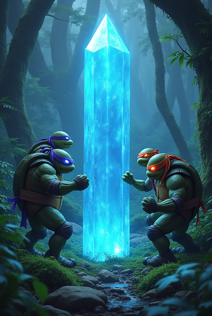 4 Purple Ninja Turtles,rot,orange and one blue,coming out of a forest with a big blue crystal