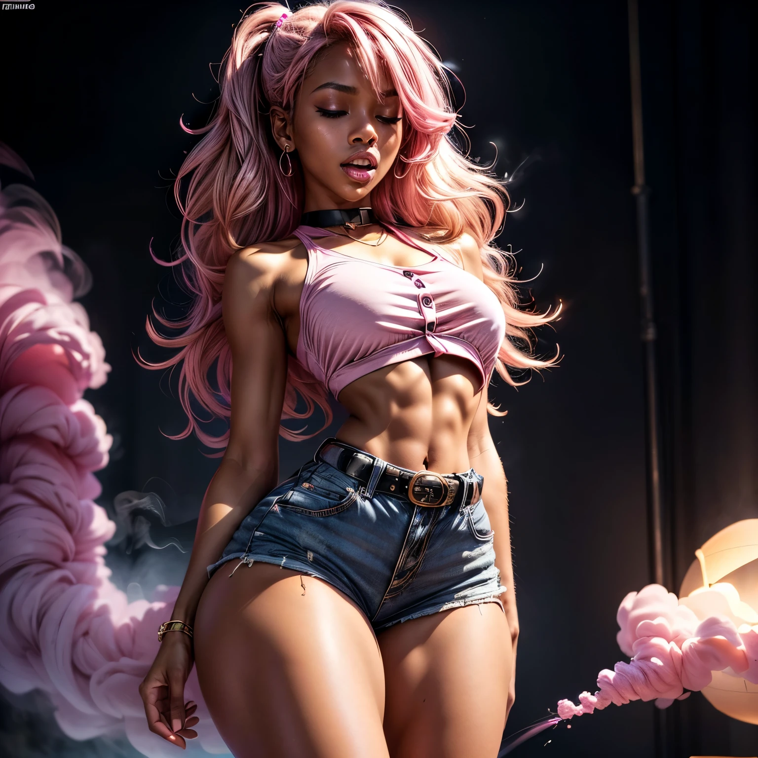 in pink hypnosis, (1), (dark skin), dark skin, wide shot, blond hair, orgasm, (white button down top, pink shorts with belt), (Masterpiece, Professional lighting, 16k, 8k wallpaper, raw photo, photorealistic:1.8, ultra detailed, natural lighting, detailed skin sexy pose, open mouth, big lips, night time, eyes closed, magical world, pink smoke, orgasm, screaming, ((slim thick body:1.2)), hypnosis