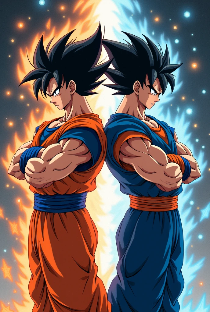 "Create an image of two powerful, muscular characters with spiky black hair, wearing orange and blue outfits, standing back-to-back. The characters should have a fierce and determined expression, with intense energy or aura emanating from them. The background should feature a cosmic or outer space theme, with energy rings or flames circling around them to emphasize their power."
