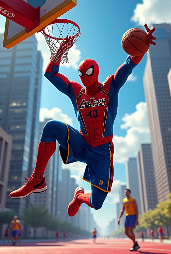 Create Spiderman playing basketball with a Lakers jersey