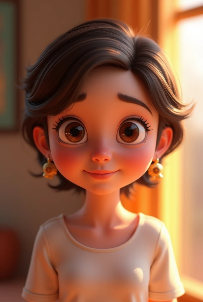 Imagem estilo pixar com personagem 3D brancos morena mulher cabelo curto , with earrings, Disney makeup,fisherman, cute, smiling ,close up, pixar, Disney, Cinema lighting,