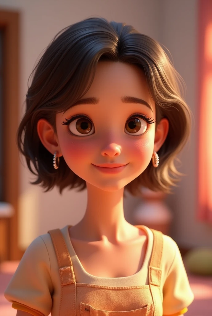 Imagem estilo pixar com personagem 3D  brancos morena mulher cabelo curto , with earrings, Disney makeup,fisherman, cute, smiling ,close up, pixar, Disney, Cinema lighting,