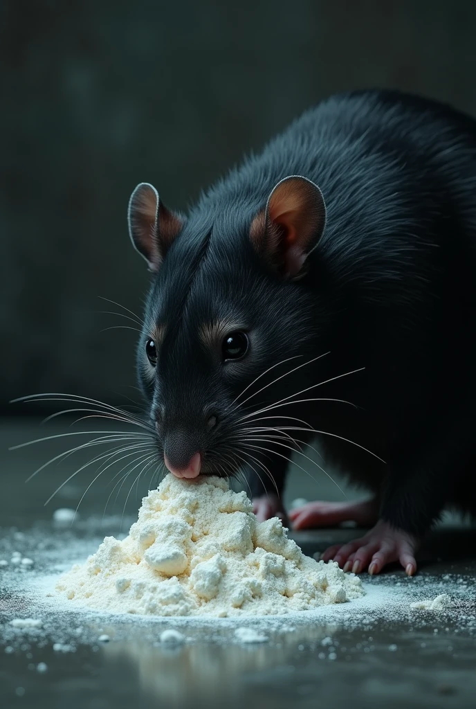 The black rat is licking the powder of the white rat