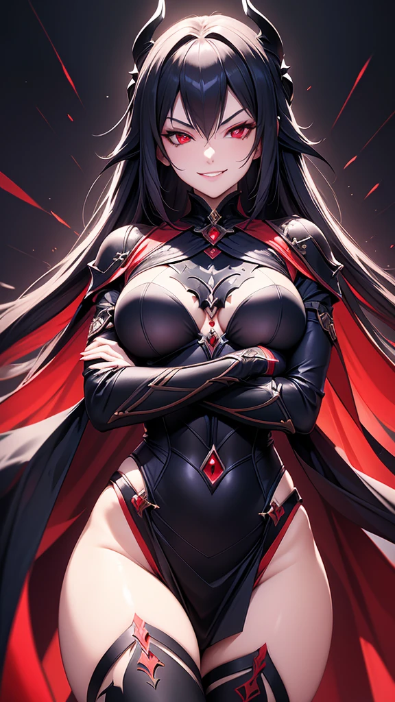 masterpiece,best quality,extremely detailed CG,ultra-detailed,beautiful detailed eyes,1woman,dark general,dark knight,knight costume,red eyes,random hair,(evil smile:1.4),faint lips,open stance,tatoo,small breast,skinny,crossed arms,