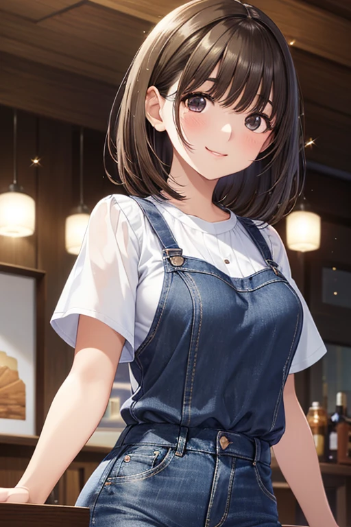 anegasaki nene、Shiny brown hair, short hair, (Beautiful brown eyes、Sparkling eyes, Fine grain)、smile、Ultra-detailed eyes、Highly detailed face, Highly detailed eyes,Cowboy Shot、
(masterpiece, Highest quality:1.2), One person, alone, alone focus, short hair, smile, View your viewers,
Black crop camisole, Denim mini skirt, Pokies,