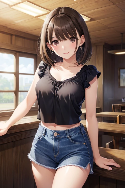 anegasaki nene、Shiny brown hair, short hair, (Beautiful brown eyes、Sparkling eyes, Fine grain)、smile、Ultra-detailed eyes、Highly detailed face, Highly detailed eyes,Cowboy Shot、



(masterpiece, Highest quality:1.2),  One person, alone, alone focus, short hair, smile, View your viewers, 
Black crop camisole, Denim mini skirt, Pokies,