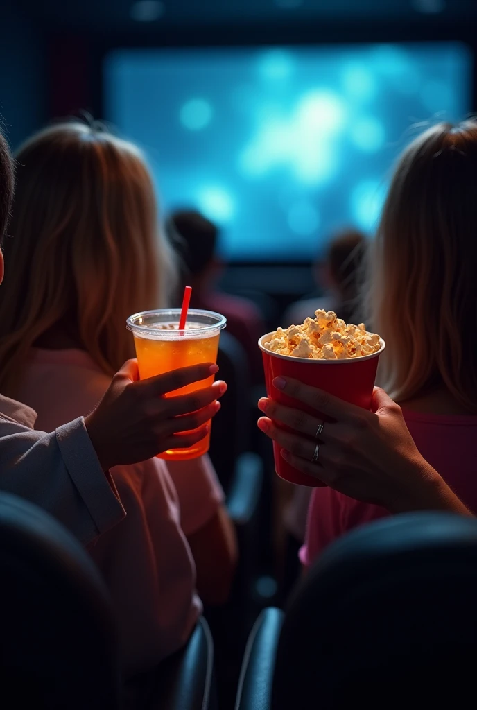 When two couples are sitting in the cinema, the girl should hold the drink and the boy should hold the popcorn while they watch, filming so that only the items in their hands are visible