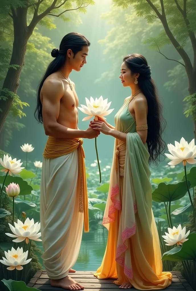 On a bridge in the middle of a beautiful white lotus pond, a handsome young man with long, beautiful black hair tied halfway down his head, wearing a white and gold sarong, a golden sash, fair skin, and a strong body of 3, is offering a beautiful white lotus to a beautiful, gentle young woman with long, flowing black hair, wearing a light green Dusit Thai dress, an orange and white sarong with pink highlights, and a white and gold shawl. The freshness of the lush green atmosphere of the lotus pond, an oil painting, a surreal painting, an art painting by Ajarn Chalermchai.