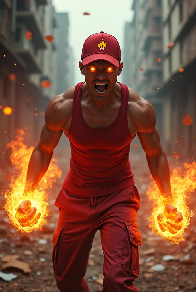 a man real teenage age . 19 Malaysia Indonesia.(orange eyes) Glowing eyes. Anger face. Open mouth. . wearing an (ruby red ) singlet, (ruby red) cap with small logo (flame) logo. anger face . Dramatic. ruby red singlet ,(ruby red)cargo pant,, detailed face, cinematic lighting, dramatic atmosphere,.hot day. vibrant colors, 8k, high quality, photorealistic. Hero suit. fire flame from his hand. Glowing fireblast ember element from hand, ember everywhere . Glowing hand fire , flame patern logo design on pant . Very strong. Future design dress. Very epic. Very hot background.. dark sky. Very strong . fire very strong . Flying burn dry leave everywhere.. fire ball sharp shape power from hand .rasengan . At city. Damage building. Floating small rock everywhere.