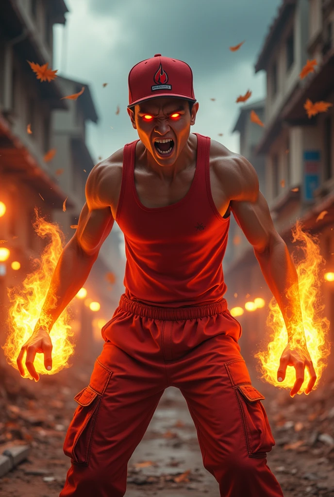 a man real age age . 19 Malaysia Indonesia.(orange eyes) Glowing eyes. Anger face. Open mouth. . wearing an (ruby red ) singlet, (ruby red) cap with small logo (flame) logo. anger face . Dramatic. ruby red singlet ,(ruby red)cargo pant,, detailed face, cinematic lighting, dramatic atmosphere,.hot day. vibrant colors, 8k, high quality, photorealistic. Hero suit. fire flame from his hand. Glowing fireblast ember element from hand, ember everywhere . Glowing hand fire , flame patern logo design on pant . Very strong. Future design dress. Very epic. Very hot background.. dark sky. Very strong . fire very strong . Flying burn dry leave everywhere.. fire ball sharp shape power from hand .rasengan . At city. Damage building. Floating small rock everywhere.
