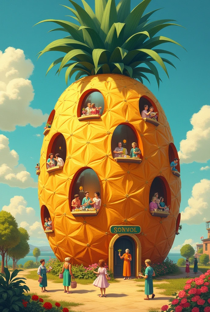 (drawing 1d) the big fruit pineapple that so many windows, and each of windows show a hospitality