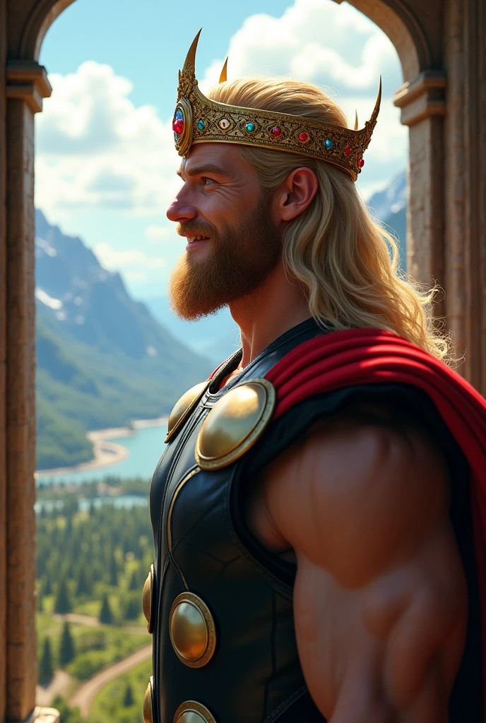 Young Thor 1, robust and with a splendid smile. looking through the window at his kingdom and with a crown of gold and gems. hyperrealistic