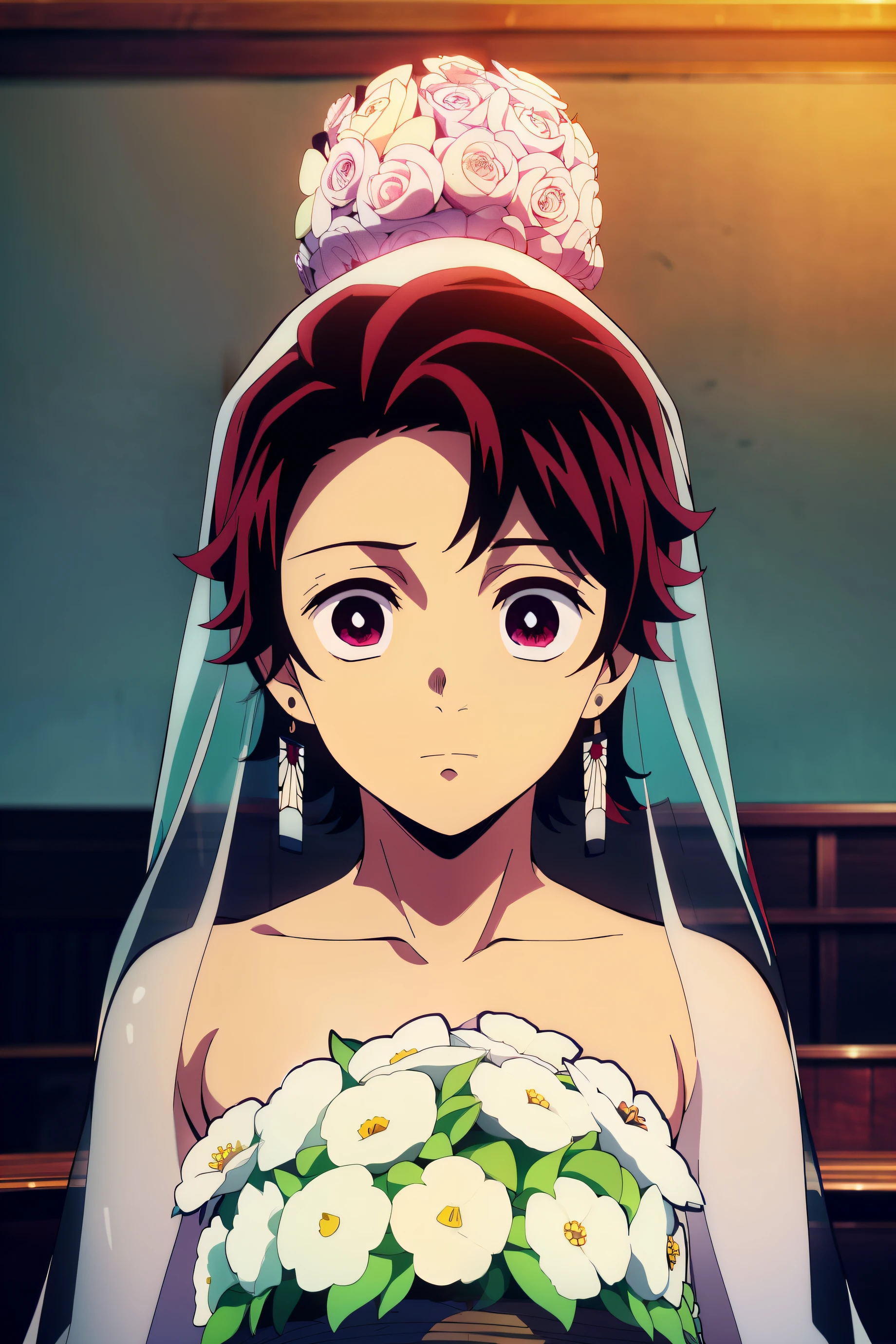 Anime style, Highres, Masterpiece, Best quality at best,High-quality illustrations, Best Quality,hight quality, hight detailed, Depth field, Anime screencap style, 1boy, Shota, Solo person, Tanjiro, red hair, earring, inside a church, Style of wedd00ing, Strapless dress, Bare shoulder, Transparent veil covering head, Flowers on head, Fluffy hair, upper body, ( young boy), (very small and short body), look at viewer, Seen from front, bokeh, Uhd, 4k