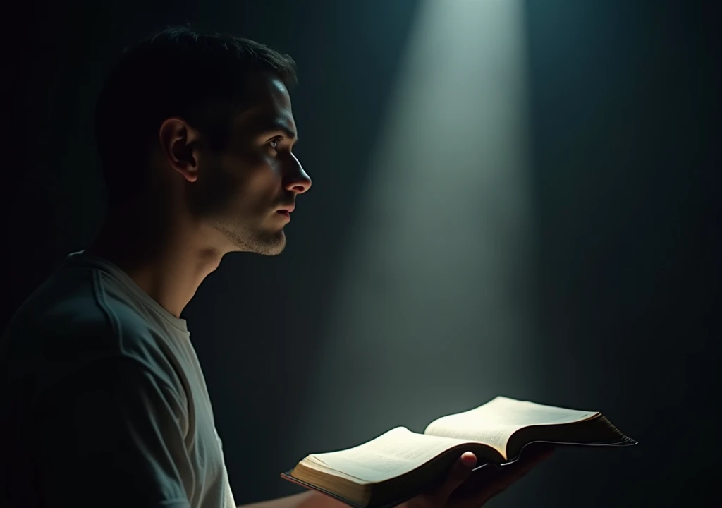 Prayer of HowCrie an image that shows an open Bible with light pouring on the text, symbolizing the search for truth. A Man is Reflecting on the Side of the Bible, Demonstrating Introspection about the Faith. best quality, master part, High, 1 dragon,blush, Tyndall effect,Photorealistic, dark studio, rim lighting, two-tone lighting,(highly detailed skin:1.2), 8k hd, DSLR, soft lighting, high quality, volumetric lighting, candid, photography, High resolution, 4K, Bokeh
