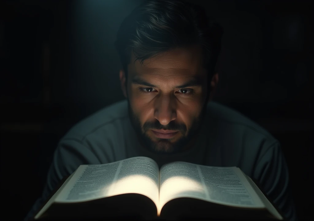 Prayer of HowCrie an image that shows an open Bible with light pouring on the text, symbolizing the search for truth. A Man is Reflecting on the Side of the Bible, Demonstrating Introspection about the Faith. best quality, master part, High, 1 dragon,blush, Tyndall effect,Photorealistic, dark studio, rim lighting, two-tone lighting,(highly detailed skin:1.2), 8k hd, DSLR, soft lighting, high quality, volumetric lighting, candid, photography, High resolution, 4K, Bokeh