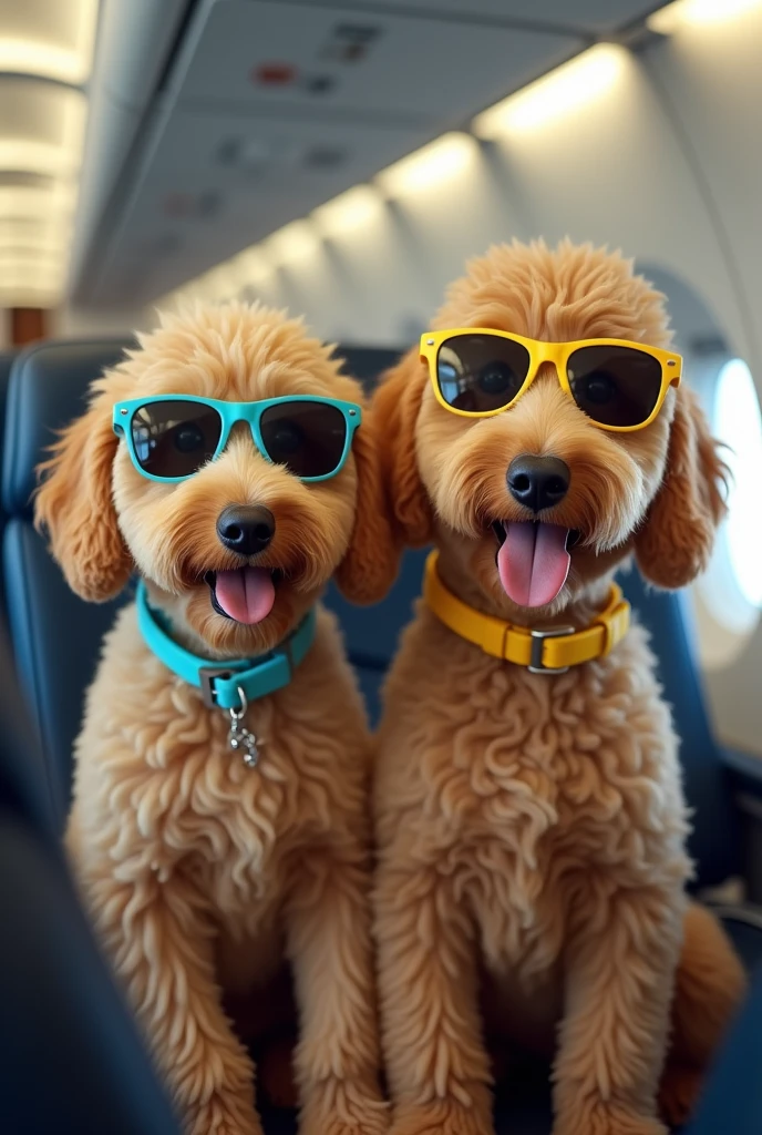 best quality, photo accuracy, two labradoodles, one with light golden fur and turquoise blue collar, the second with apricot fur and yellow collar, both riding a plane with sunglasses.