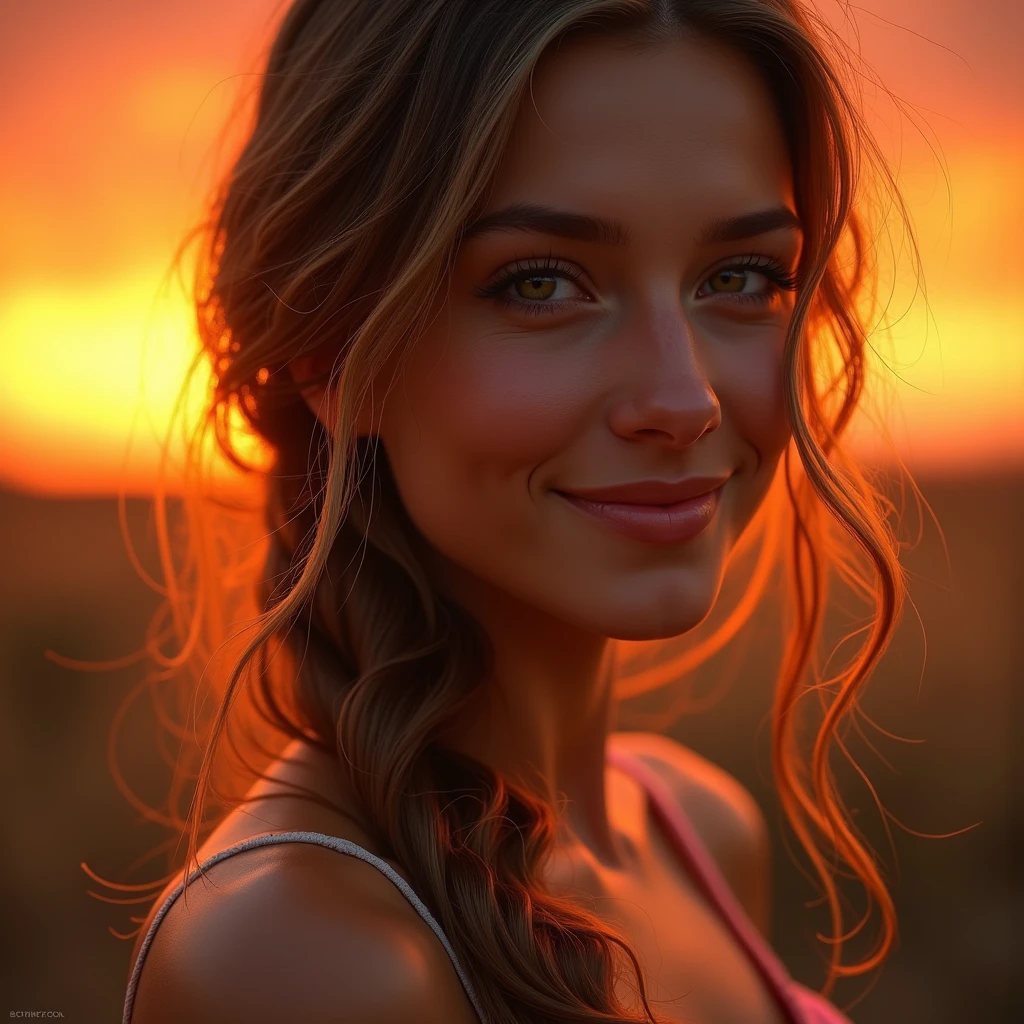 A photorealistic portrait of a woman with flowing hair, bathed in the warm glow of a fiery sunset. The rays of the setting sun illuminate her face and hair, casting long shadows and highlighting her delicate features. She smiles gently, her eyes reflecting the vibrant colors of the sky. Render in hyper-realistic detail, capturing the subtle variations in skin tone and the intricate textures of her hair.