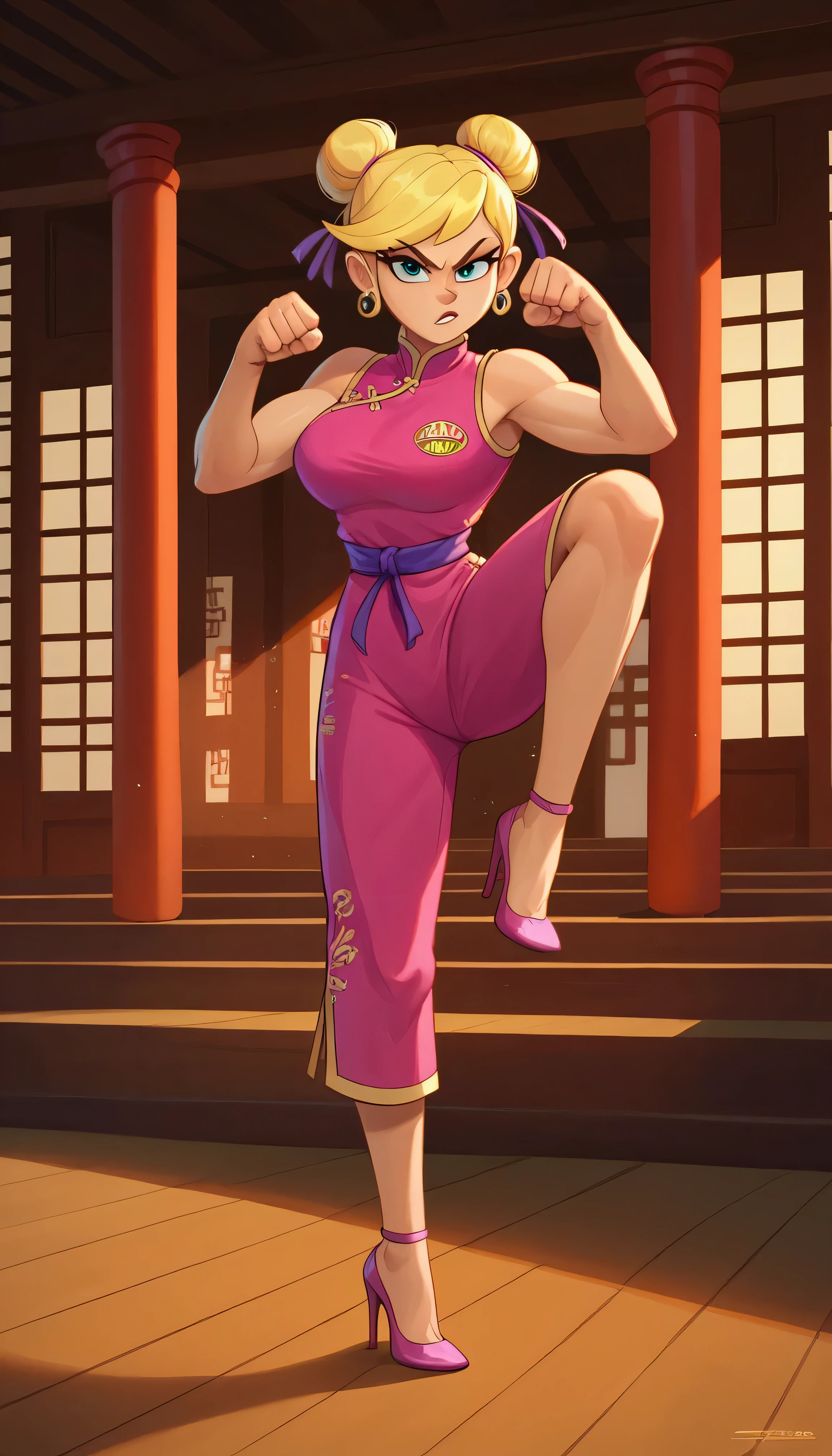 lola loud, 1girls, solo, 24yo girl, large breasts, pink cheongsam, inside of a chinese temple, looking at viewer, blonde hair, two hair buns , hands score_9, score_8_up, score_7_up, high heels, teep fighting stance,martial arts