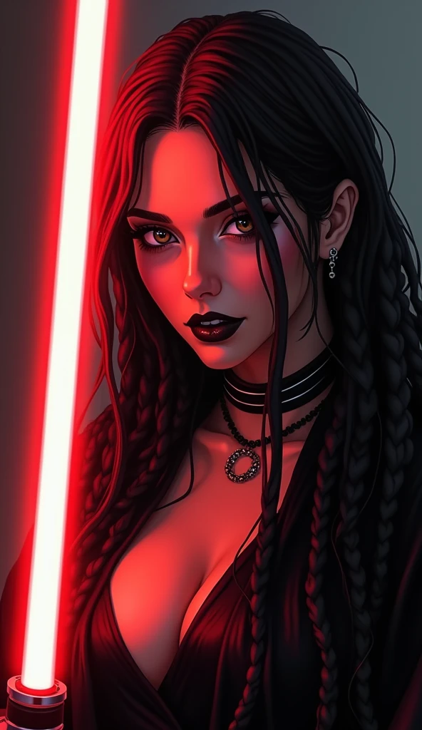 Smartphone wallpapper, anime, beautiful detailed woman with long dreadlocks wearing a black robe, black makeup, black lipstick, dark lighting,glowing red lightsaber,only light is from glowing lightsaber,illuminated face and cleavage from the lightsaber held in front of her,  a sinister and menacing look, (masterpiece:1.2),ultra-detailed,sci-fi, ,moody atmosphere,dark fantasy, Dark and moody, muted color palette, very Dark and Simple background, star wars, sith lord,