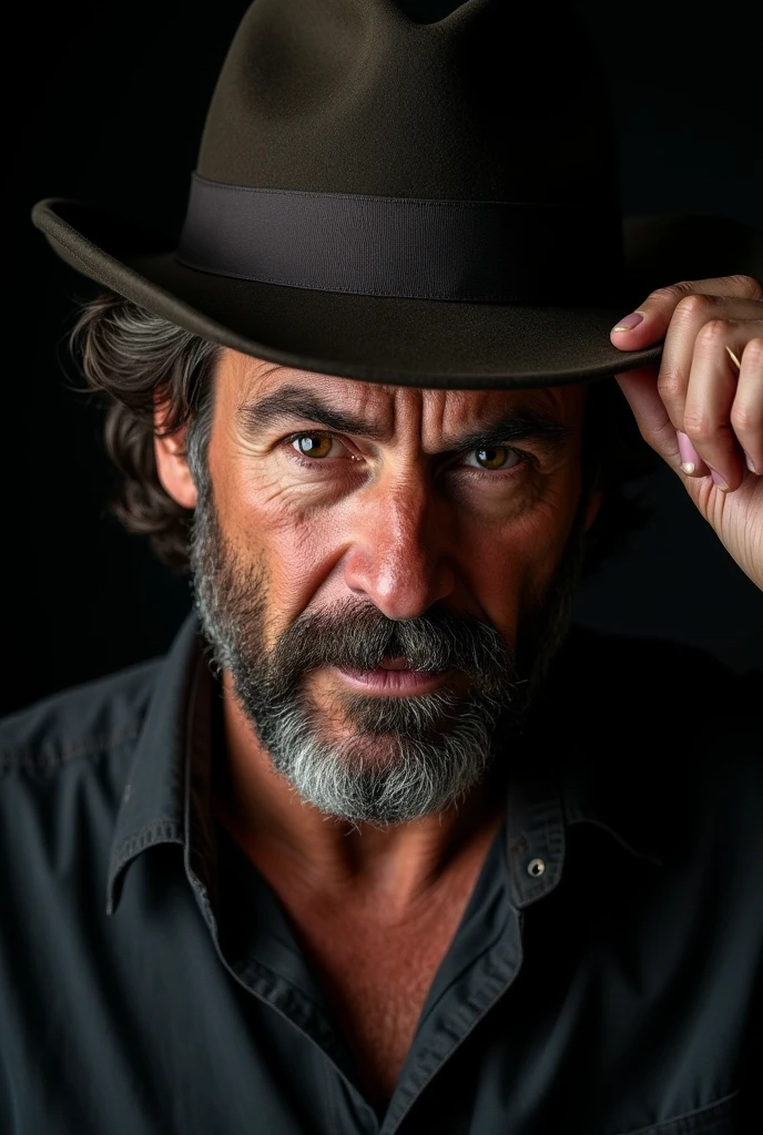 a high-quality studio portrait. Given the sharpness and the dramatic lighting, it was likely shot with a professional-grade DSLR or mirrorless camera. The lens used could be a 85mm for a shallow depth of field taken in a photography studio. The pure black background suggests the use of a black backdrop or careful lighting to eliminate any background details. The dramatic, high-contrast lighting could be achieved with a single key light, possibly a softbox or beauty dish, positioned to the subject's left (our right).
the subject, he appears to be a man in his late 30s or early 40s. He has wavy, slightly tousled dark hair visible beneath the hat. His beard is full but well-groomed, with a mustache that blends into it. The man's skin shows some texture and perhaps light scarring or pockmarks, adding to the rugged appearance.
His eyes are deep-set and intense, possibly a light color given their brightness in the black and white image. There's a slight asymmetry to his features, with his left eye (on our right) appearing slightly more open or raised than the right.
The hat he's wearing appears to be a fedora with a medium-wide brim and a ribbon around the base of the crown. It's tilted at a slight angle, adding to the dramatic effect of the portrait.
The man's hand, visible as he adjusts his hat, shows some veins and tendons, suggesting it's a working hand rather than that of someone who does only
