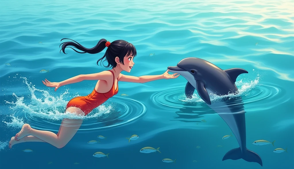 A young Japanese woman in a swimsuit is trying to catch a dolphin in the ocean