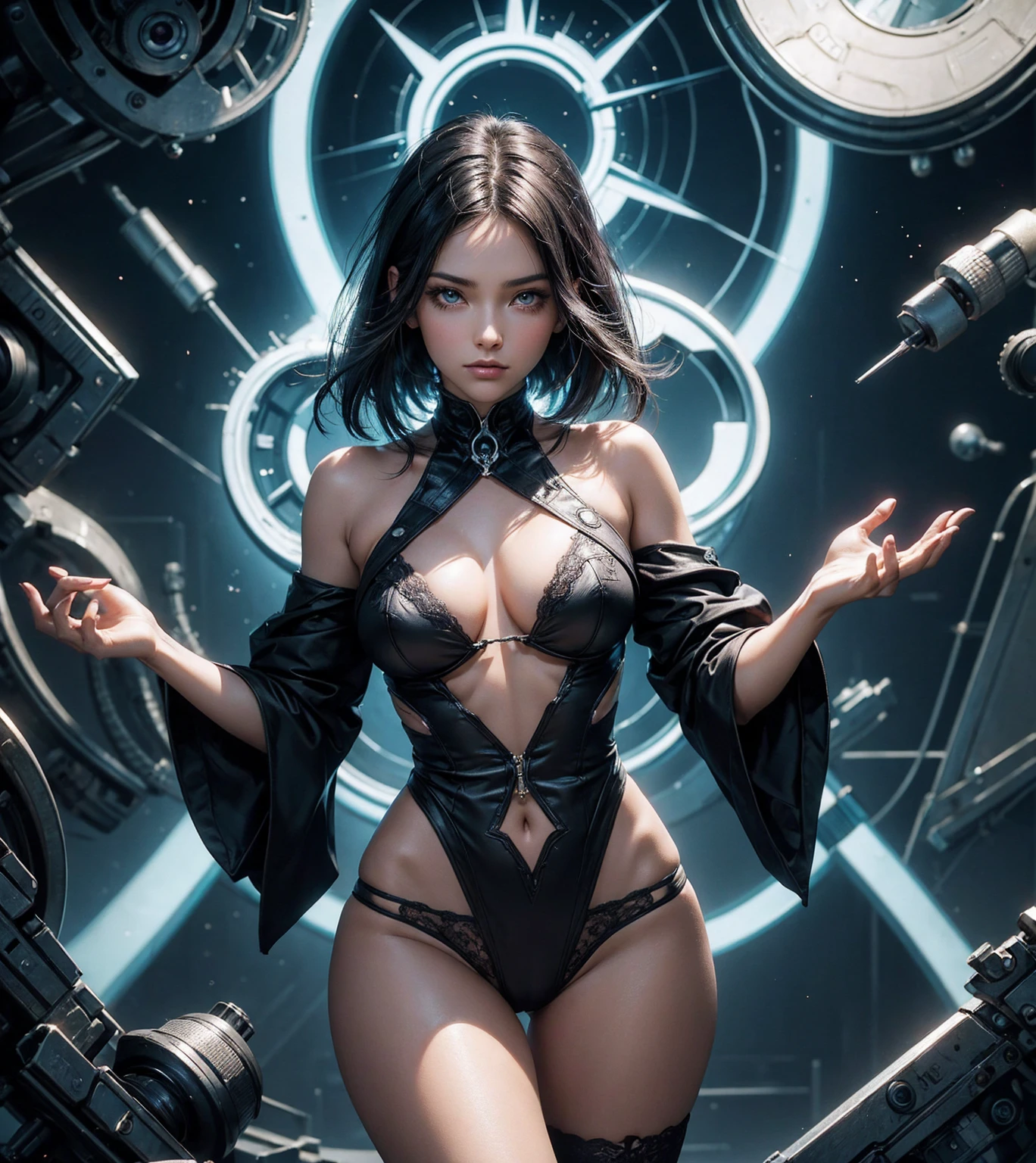 Yor Briar de Spy x Family , complete body, fully body), realisitic, pretty face, a beautiful woman, beautiful eyes, Bblack hair, Perfect Anatomia, very beautiful, (eyes black), Centered image, complete body, media with link, stylised, bioluminiscence, 8K resolution, human hands, full of astonishment, chic, approaching perfection, dynamicposes, very detailled, character sheet, gazing directly at the viewer, positioned so that your body is symmetrical and balanced, incredibly beautiful ager, detailed hairstyle, SEMINUA, sexy panties