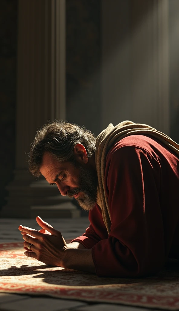 Ultra-realistic 8k Image, David prostrated in prayer, with tears of regret, in a scene of forgiveness and search for redemption.