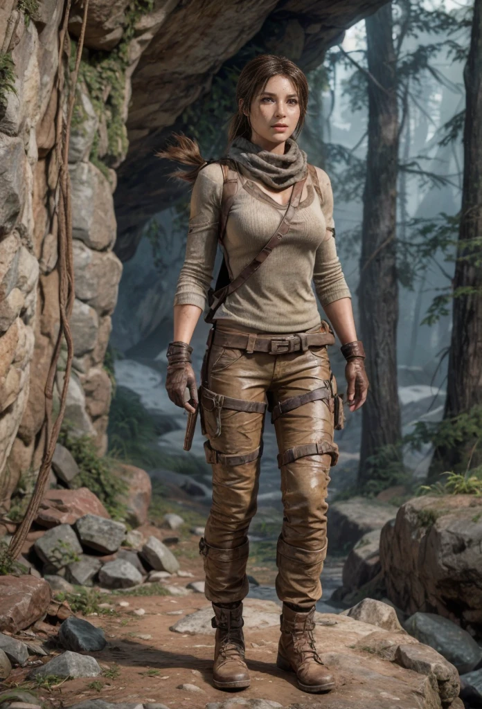 Lara Croft, eyes browns, (best quality, ultra details), (realisitic:1.37), beautiful and detailed face, ultra-realisitic texture, exquisite face, Delicate body, red lipgloss stick, shiny colors. High definition, 8k, serious expression.